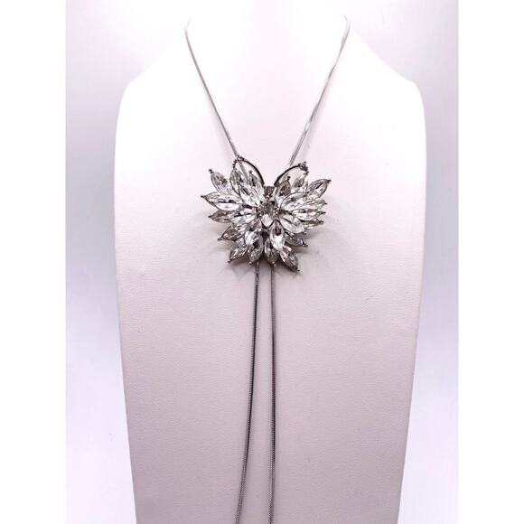 Beautiful Bolo Tie Rhinestones Silver Tone Necklace 32” - Picture 2 of 5